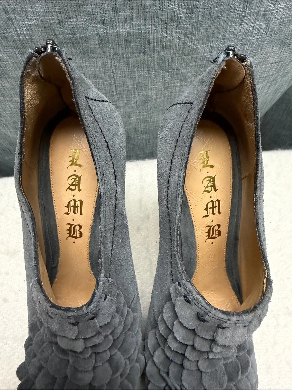 L.A.M.B. Charcoal Gray Suede Ruffle Front Booties